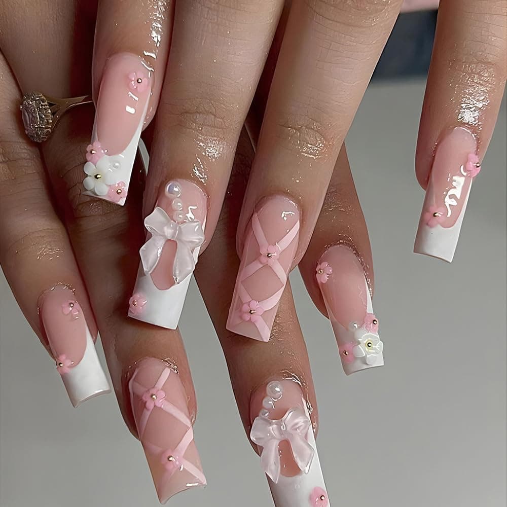 Azonee 24 Pcs Long Square Press on Nails Glossy Pink Fake Nails, White Acrylic Nails Glossy Nude Glue on Nails French False Nail Tips, with 3D Bow Flower Designs Cute Acrylic False Nail Kit
