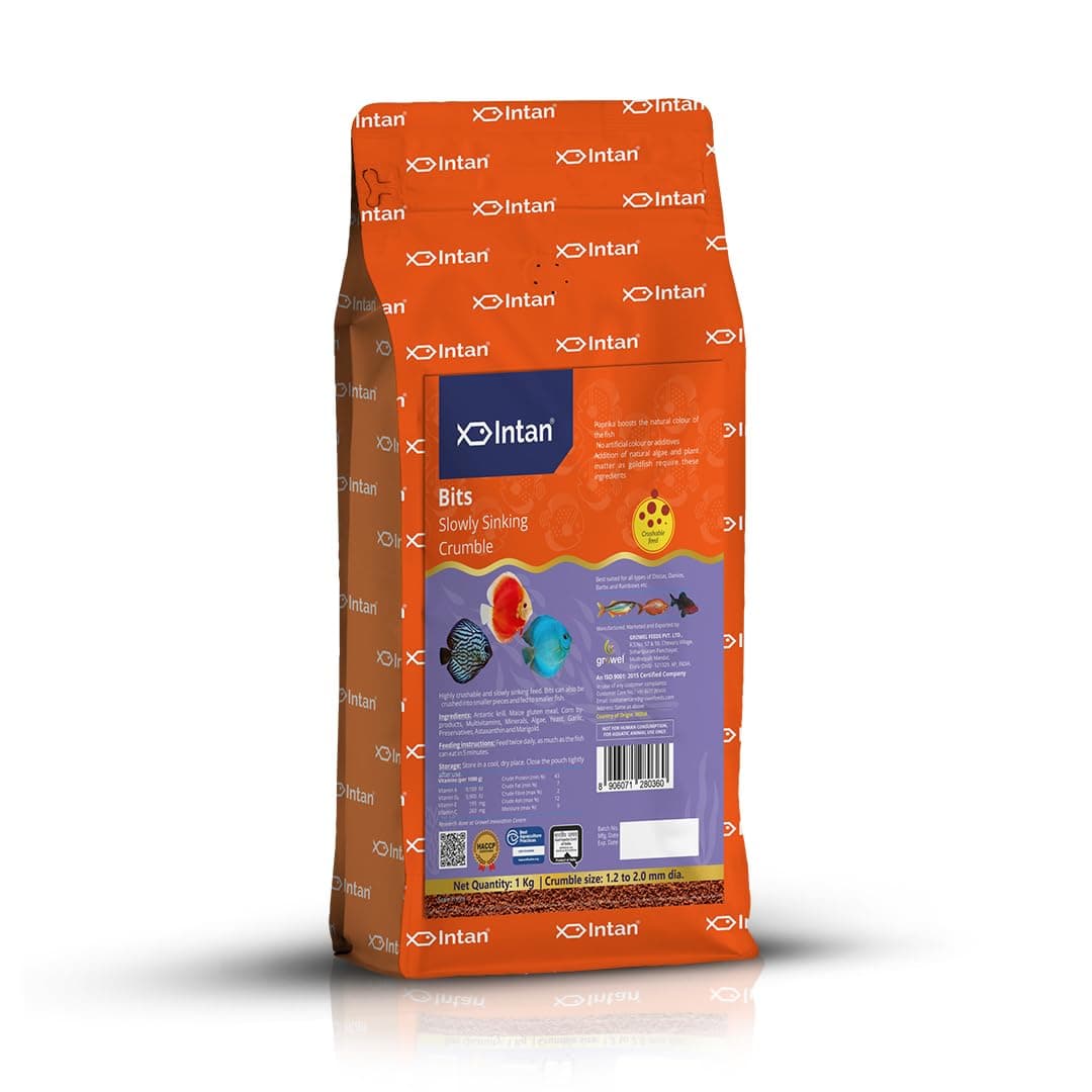 Intan Bits (1.2-2mm Slow Sinking Crushable Crumble) | 1Kg - Highly Nutritious Ornamental Fish Food for All - Discus, Danios, Barbs & Rainbow | Growel Feeds