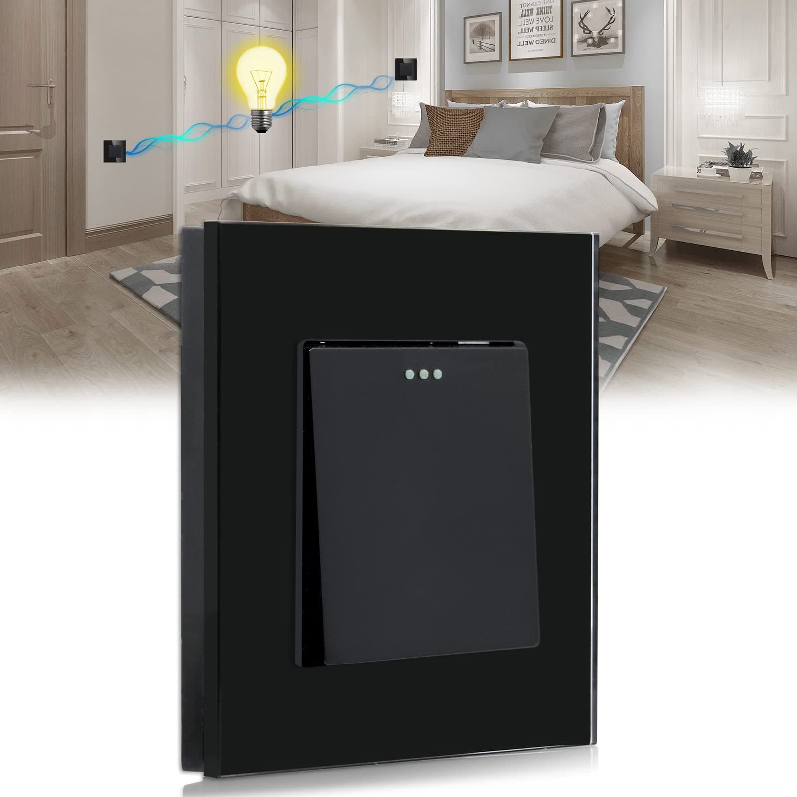 BSEED Light Switch 1 Gang 2 Way,Glass Light Switches,Screwless 10A Rocker Tactile Wall Switch,Black Crystal Toggle Switch