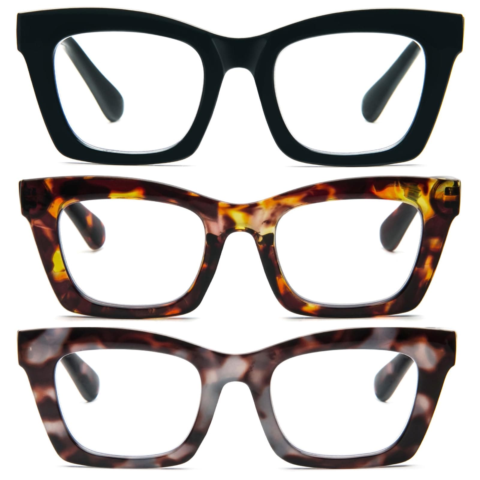 MMOWW 3 Pack Oversized Reading Glasses for Women Square Frame Fashion Style Readers Blue Light Blocking Reading Glasses (Black+Tortoiseshell+Grey-Blue Tortoiseshell, 1.75)