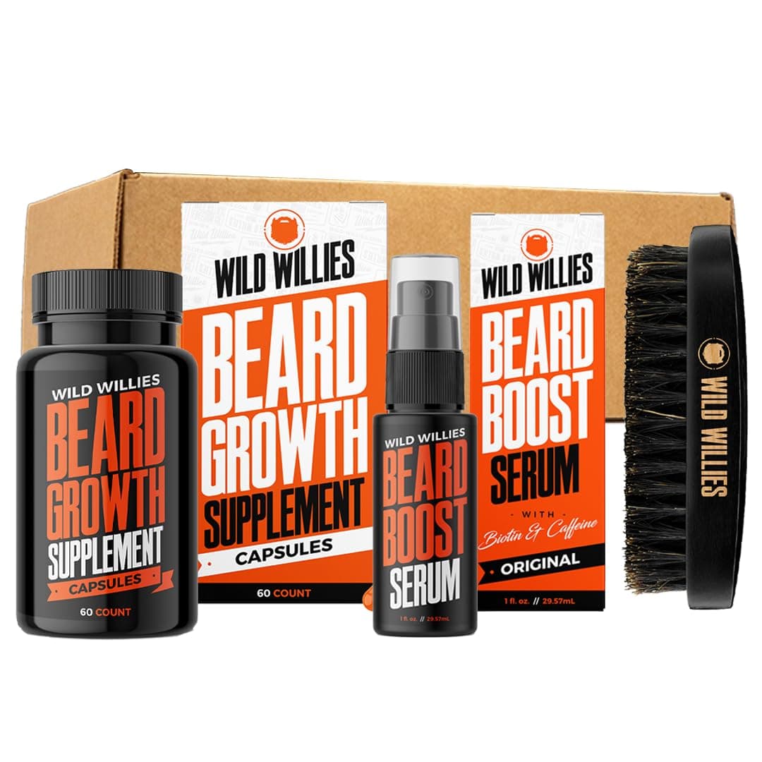 All-in-One Beard Growth Kit - Includes Beard Boost Serum Oil & Growth Supplement, Boar Bristle Brush - Perfect Grooming Kit for Men - Achieve Thicker, Fuller, Healthier Beard