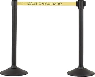 US Weight Black Plastic Stanchion for Crowd Control with 6.5' Retractable Caution Barrier Belt with Tool-Free Assembly and Universal Belt Ends that Fit Most Brands - Pack of 2 - Made in the USA