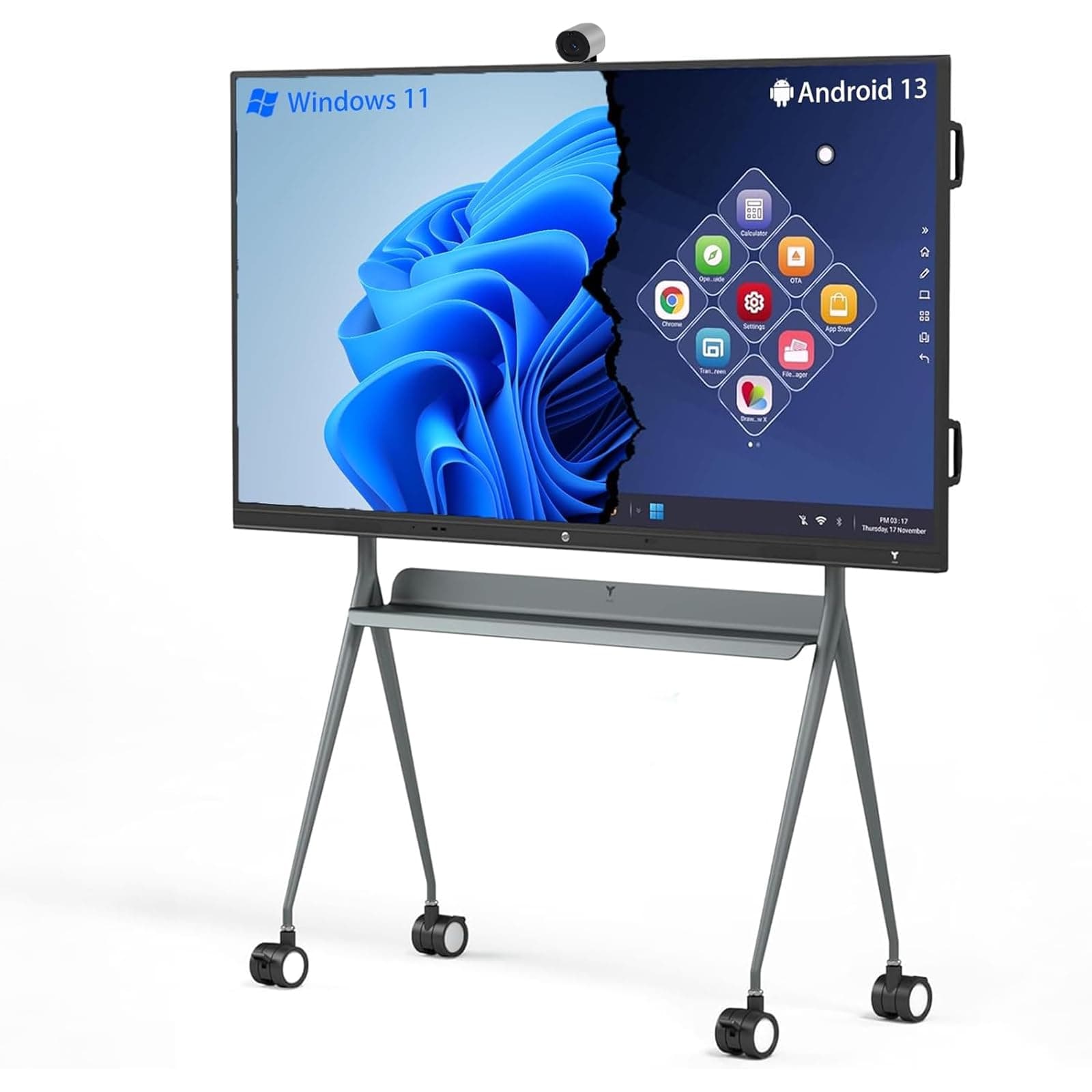 TIBURN HQ Board 75" R3 MAX，Android 13 & Windows 11 Pro Digital Whiteboard with 4K Auto Fram Webcam, Electronic Whiteboard Include Stand+Wall Mount Presentation Device for Hybrid Work and Classroom