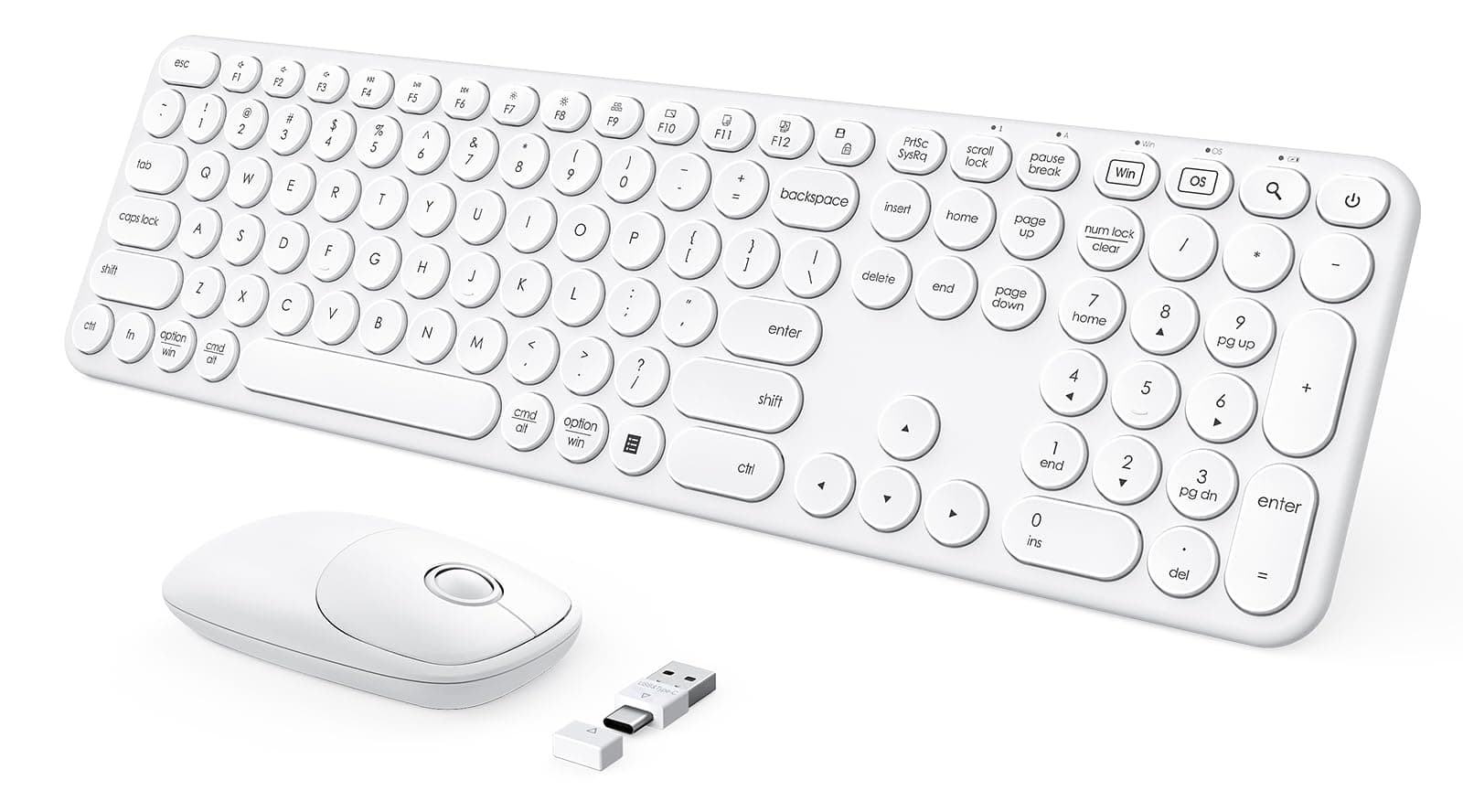 Seenda Wireless Keyboard and Mouse, USB & Type C Combo, Full Size Membrane, White, Windows 7/8/10, MacBook Pro/Air, PC, Laptop, 110 Keys, Optical, Ambidextrous, 2 Batteries (1 AA, 1 AAA), Wireless