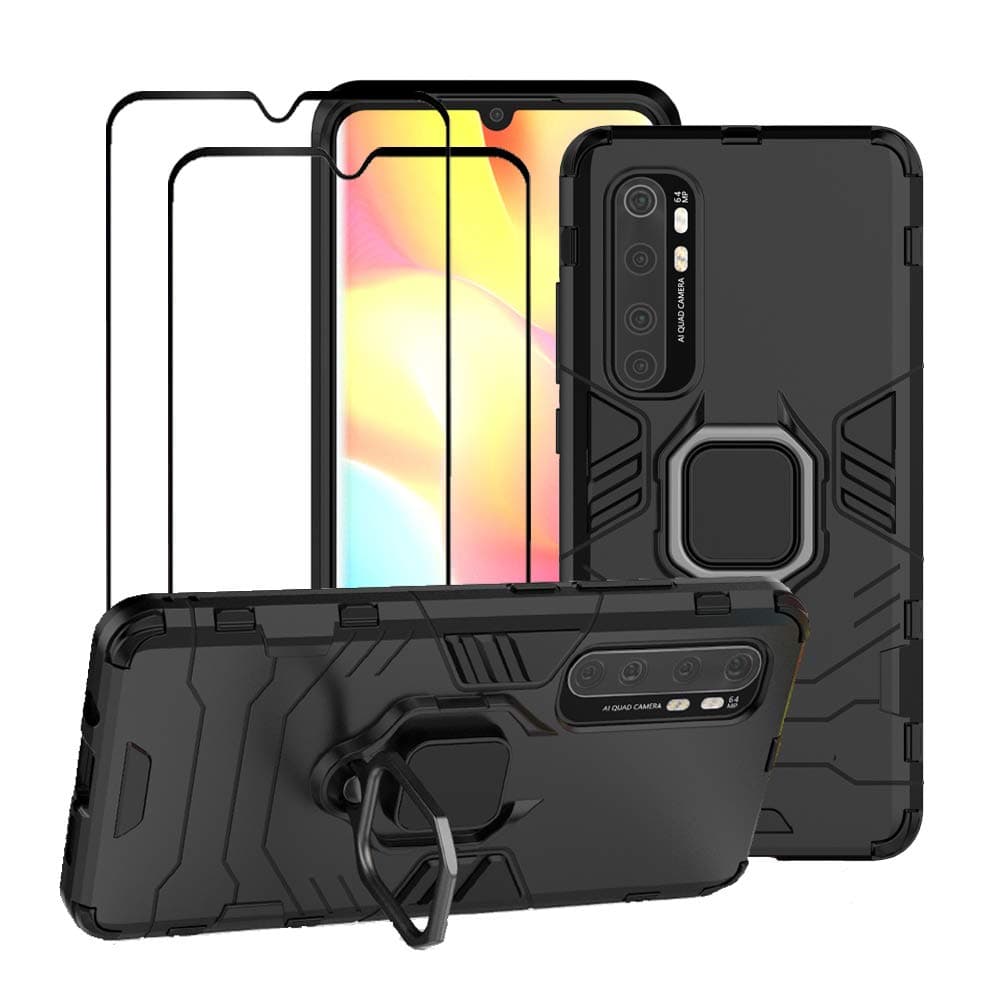 FaDream for Xiaomi Mi Note 10 Lite Case, Rugged Shockproof Dual Layer Heavy Duty Protective Kickstand Cover with [2 Pack] Tempered Glass Screen Protector (Black)