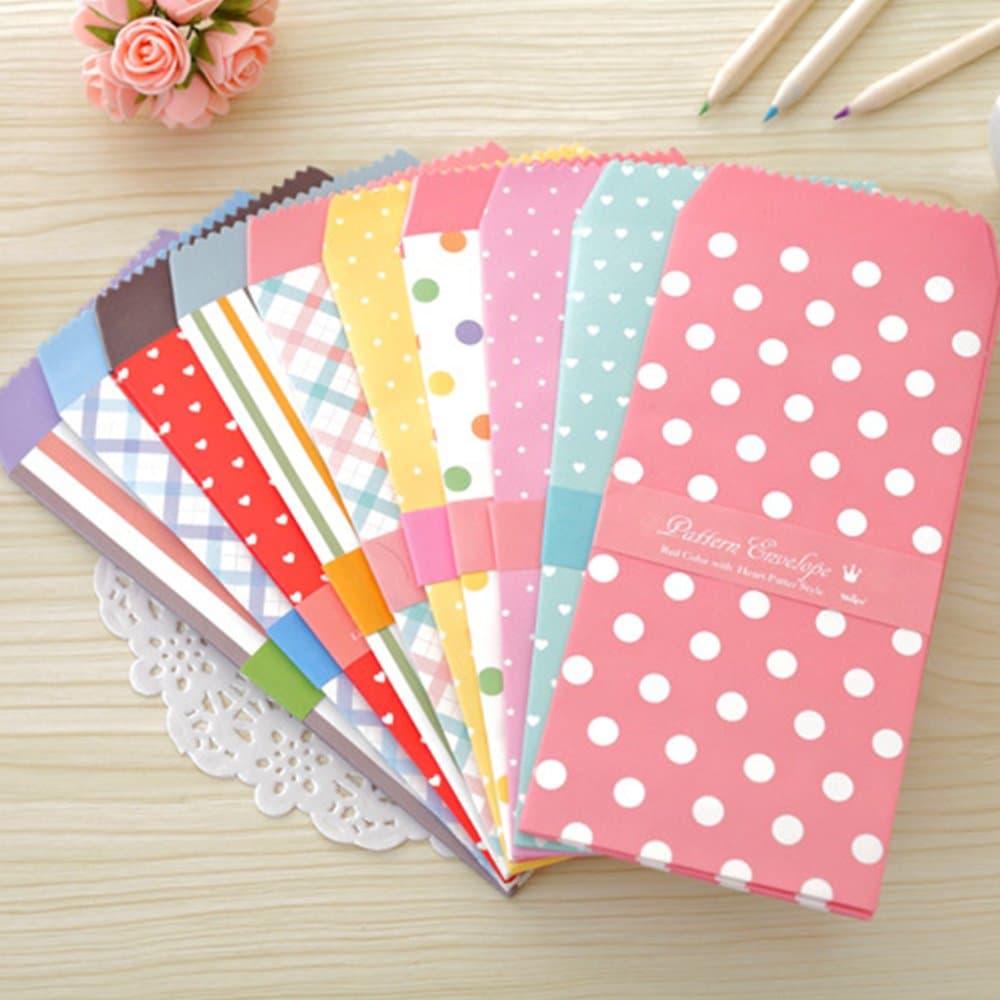 50 Pack Cute Coin Colored Envelopes 3.35 x 6.89 Inches 10 Unique Design