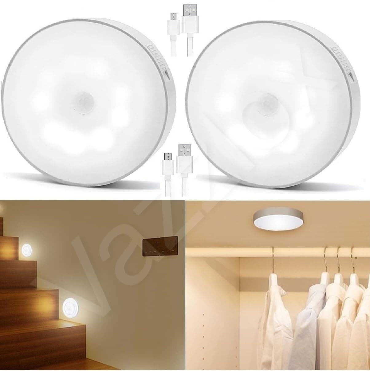 Motion Sensor Light for Home (Pack of 2) with USB Charging Wireless Self Adhesive LED Body Induction Lamp Sensor Light for Wardrobe Lights with Sensor Night Light for Cupboard Stairs (White)