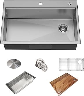 KRAUS KWT310-33/18 Kore Workstation 33-inch Drop-in 18 Gauge Single Bowl Stainless Steel Kitchen Sink with Integrated Ledge and Accessories