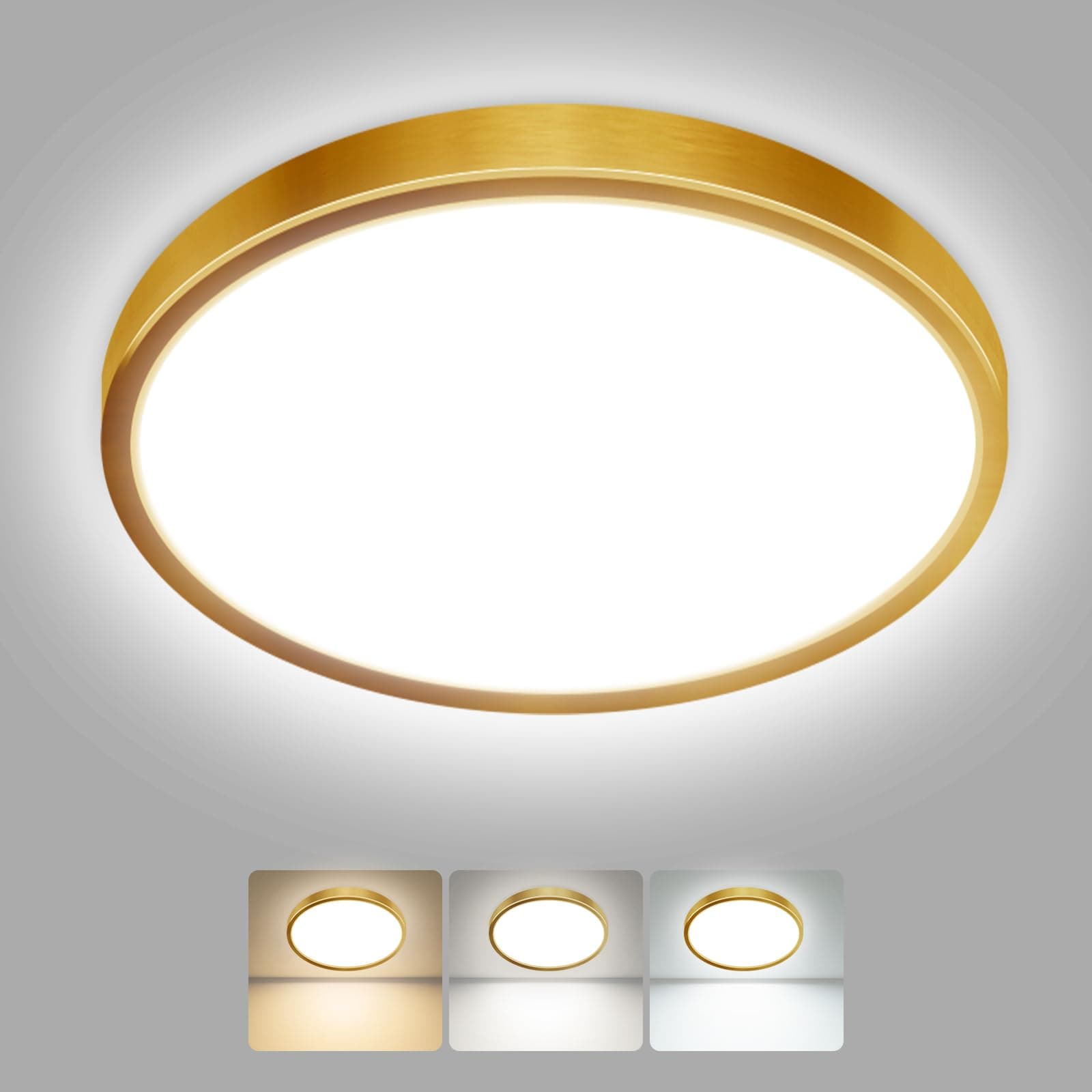 hepside LED Ceiling Light,3000K/4000K/6500K 3 Color Temperature, Waterproof IP54 LED Ceiling Lamp, Modern,Round Flush Ceiling Light for Bathroom,Bedroom, Kitchen, HallwayØ22CM(Gold)
