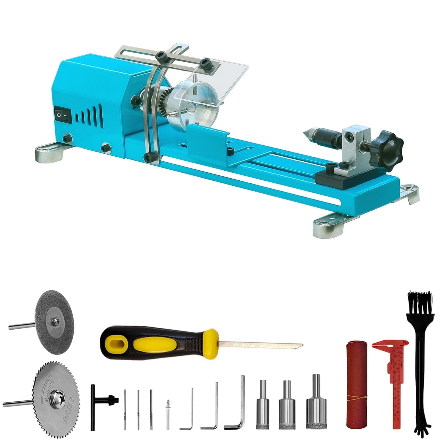 Mini Lathe Wood Lathe Machine Multi-Purpose Type Lathe Milling Cutting Grinding Polishing Professional Dust Guard Plate Table Top Lathe Tool Kit Adding shields
