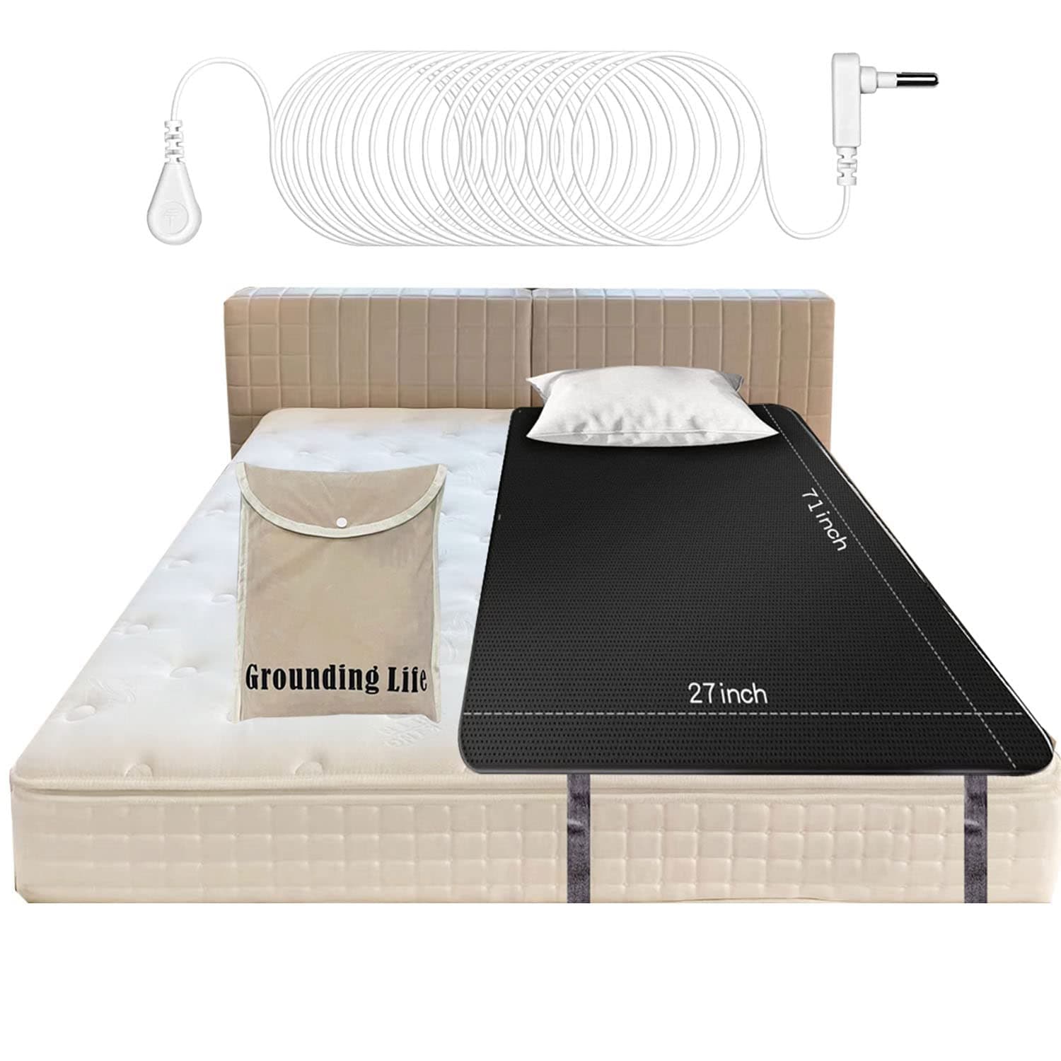 Grounding Mat for Sleeping, Conductive Grounding Mat with 2 Grounding Snaps and 16.4 Feet Cord, Grounding Sheet for Pain Relieving (27in 71in)
