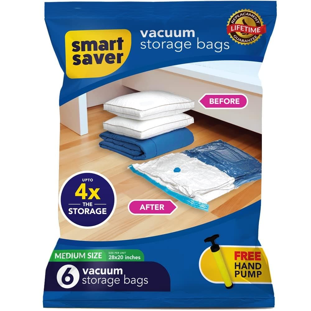 Smart Saver Bigowl 6 Medium Reusable Plastic Vacuum Storage Zip Lock Bags (50 X70 Inches) With Hand Pump For Travel, Blue