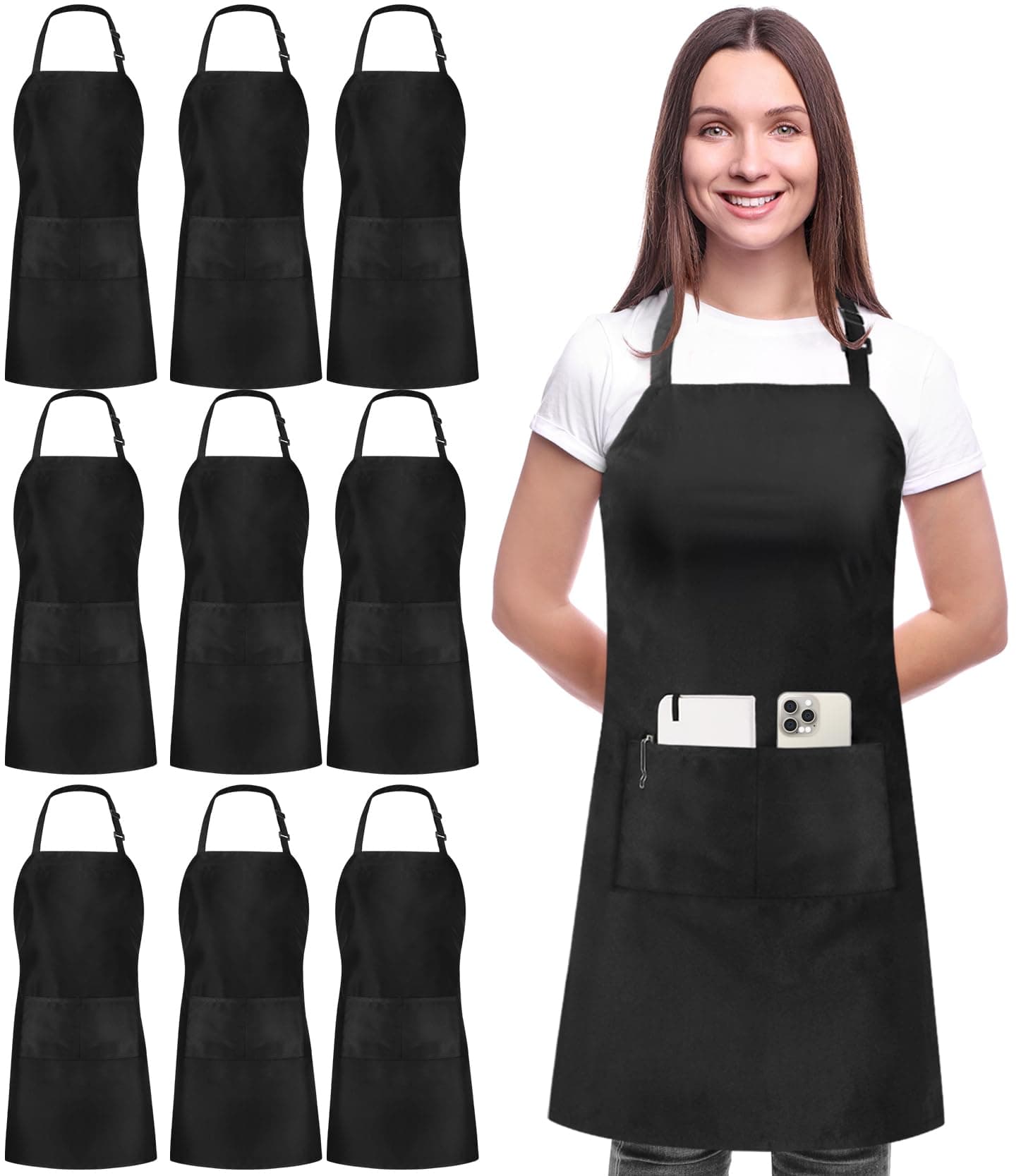 Utopia Kitchen 10 Pack Bib Apron Adjustable with 2 Pockets, Water and Oil Resistant, Cooking Kitchen Chef Apron for Women Men