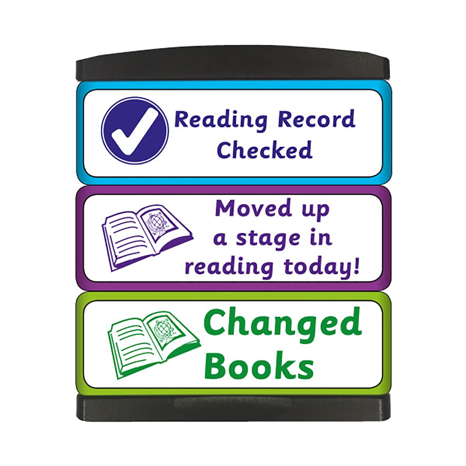 3-in-1 Stackable Changed Books Moved Up Reading Stage Record Checked Tick Pre Inked School Teachers Progress Feedback Marking Stamper Stamp 44x13mm Primary Teaching Services