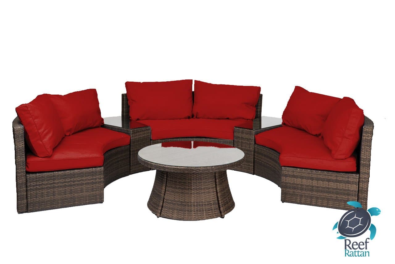 Reef Rattan Comoros Half-Moon 6 Pc Curved Bench Sofa Set - Chocolate Rattan/Red Cushions
