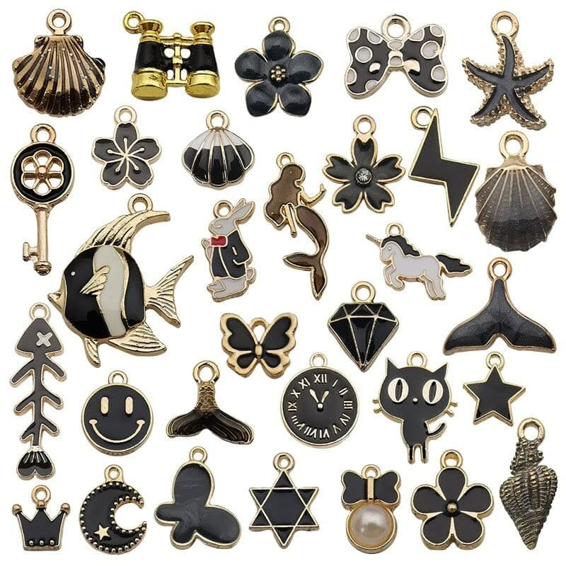 1 Set 31pcs DIY Mixed Assorted Gold Plated Enamel Charm Unicorn Flower Dress Fish Shell Moon Star Animals Pendant DIY for Necklace Bracelet Jewelry Making and Crafting Charms