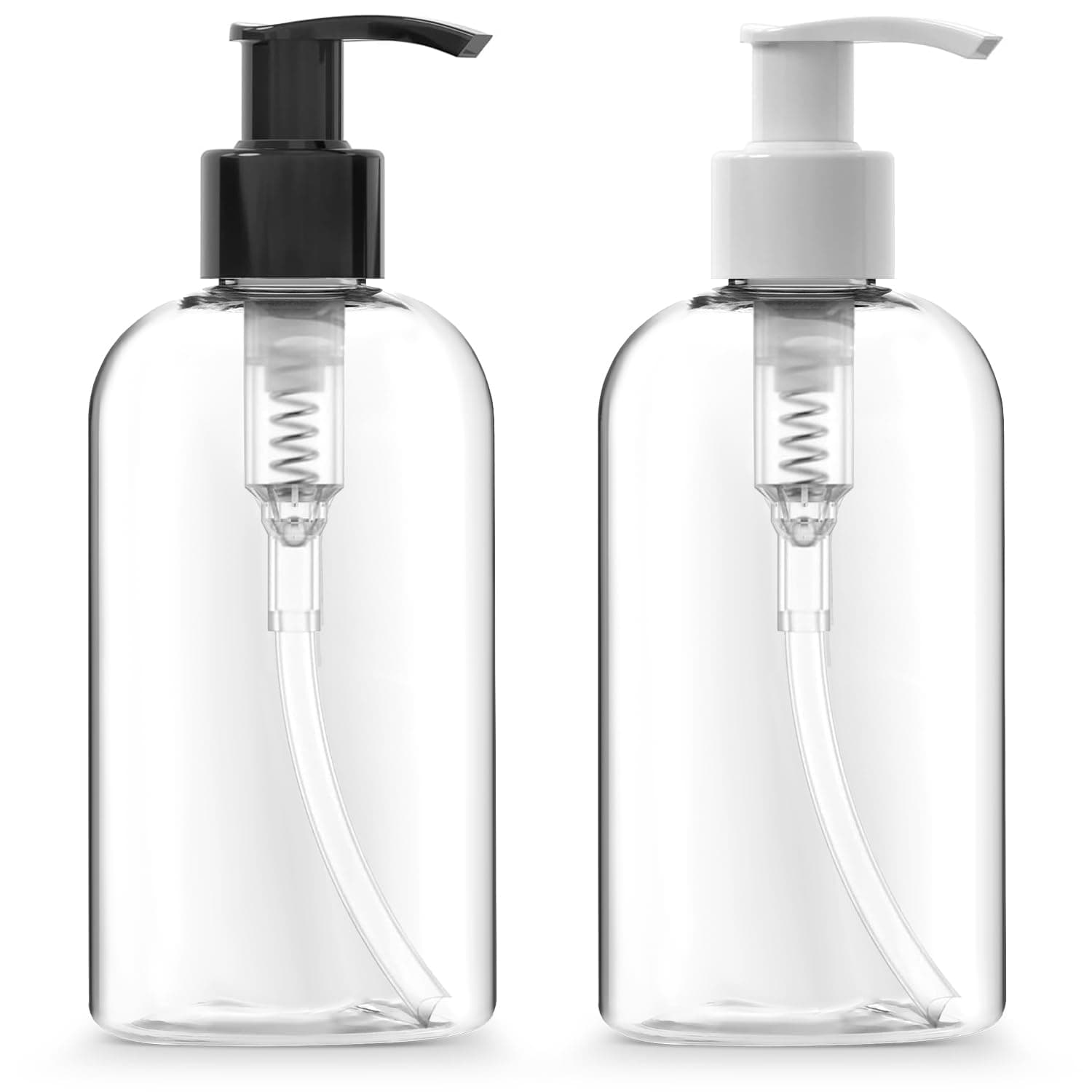 Bar5F Plastic Bottles with Pump Dispenser, 8 oz | Leak Proof, Empty, Clear Refillable, BPA Free for Body Wash, Moisturizer, Face Cream, Liquid Soap | Black & White Pumping Caps | Set of 2