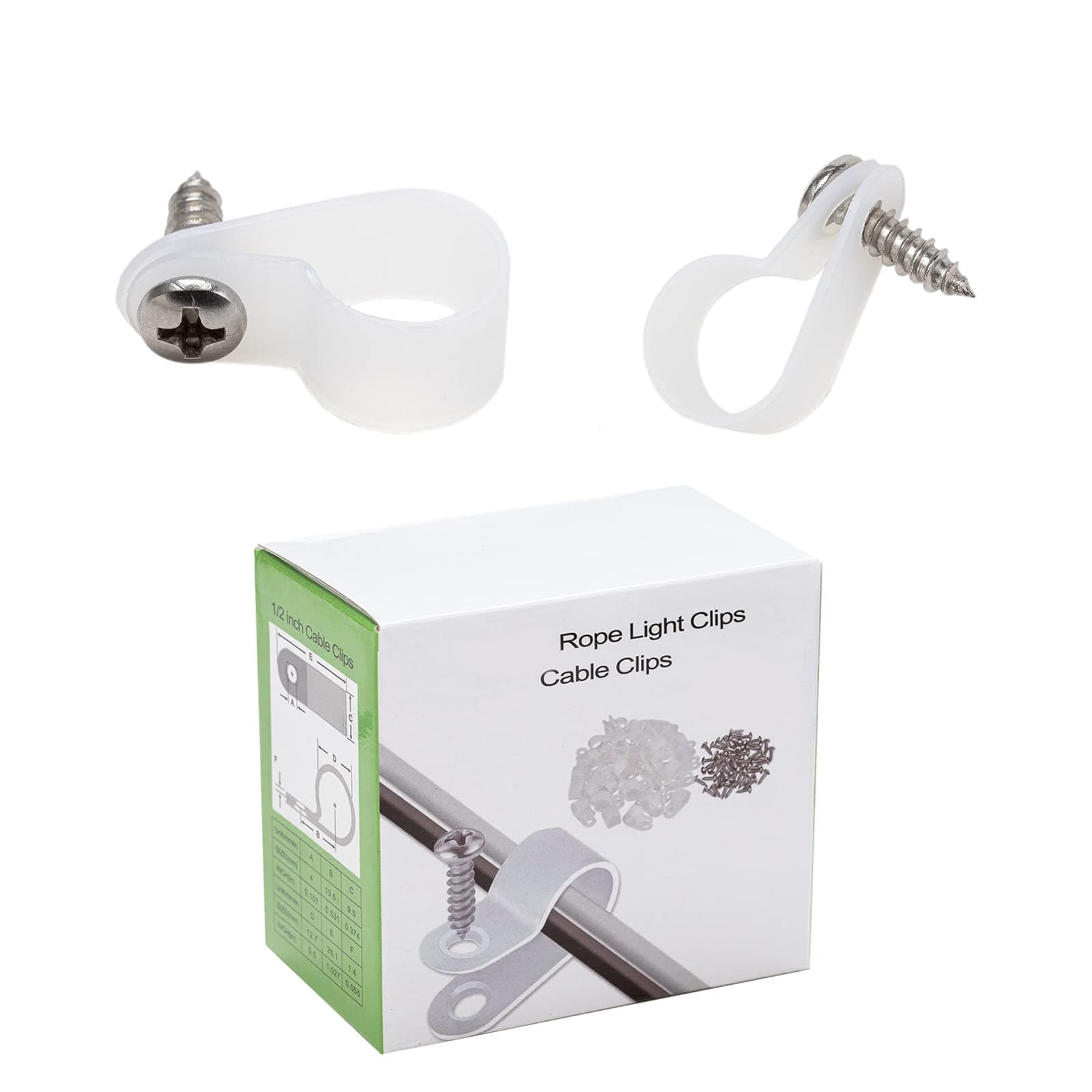 100 Pack 1/2 inch Rope Light Clips P-Style Rope Light Mounting Clips with Stainless Steel Screws, Cable Clips Wire Clamp for Wire Management, Rope Light Clips for Outside String Lights