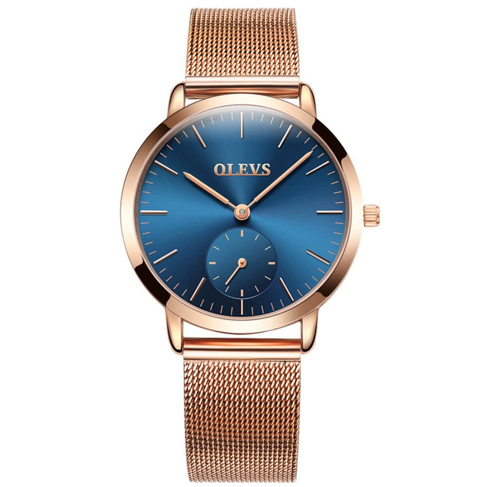OLVES Men Women Mesh Strap Watchs Top Brand Luxury Thin Fashion Clock Stainless Steel Quartz Wristwatches Rosegold Band & Blue Dial for Woman