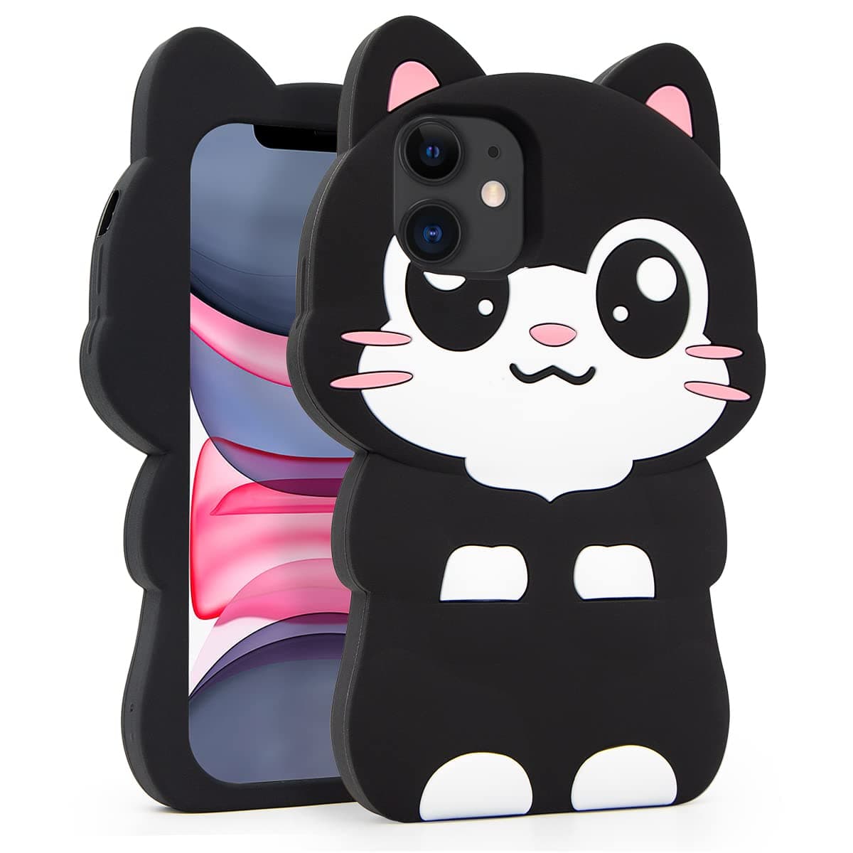 for Cute iPhone 11 case, Black Pocket Cat Kitty Funny 3D Cartoon Animals Kitten Pattern Case, Soft Silicone Full Protection Shockproof Cases Cover Skin for Girls Kids Women