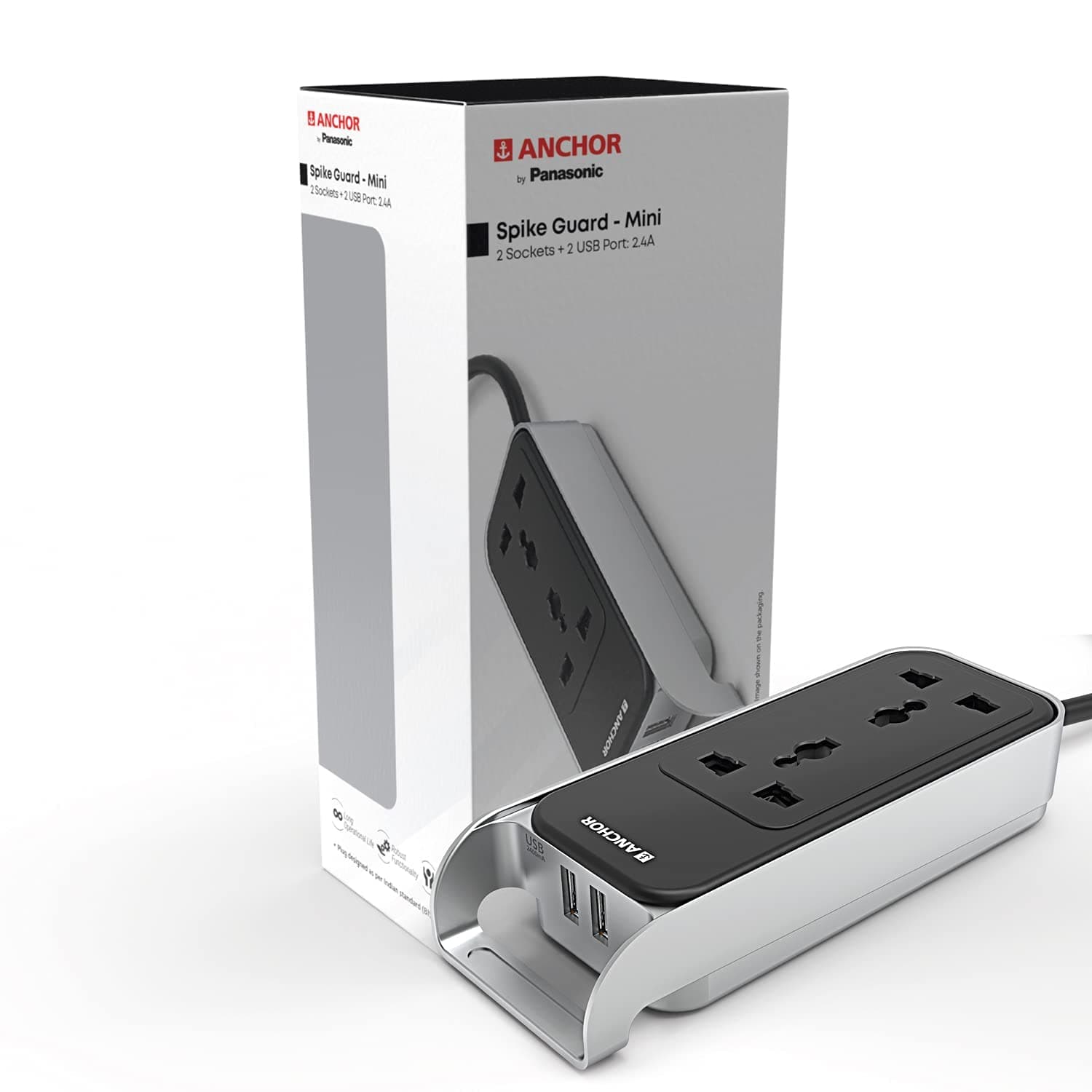ANCHOR by Panasonic 6A,Spike Guard With Handle, 2 Sockets + USB 2.4A, 0.8M cable (Black and Silver) (22052)