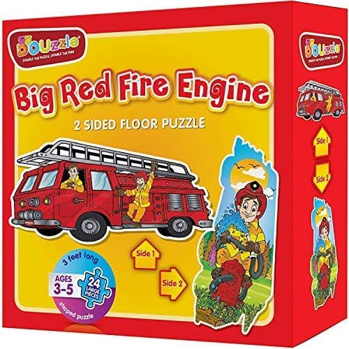 DOUzzle Big Red Fire Engine, Double Sided Jigsaw Floor Puzzles, for Toddlers and Kids Ages 3 4 5 Years Old (24 Extra Large Pieces, 3 feet Long). Side 1: Jumbo Firetruck - Side 2: Firefighter