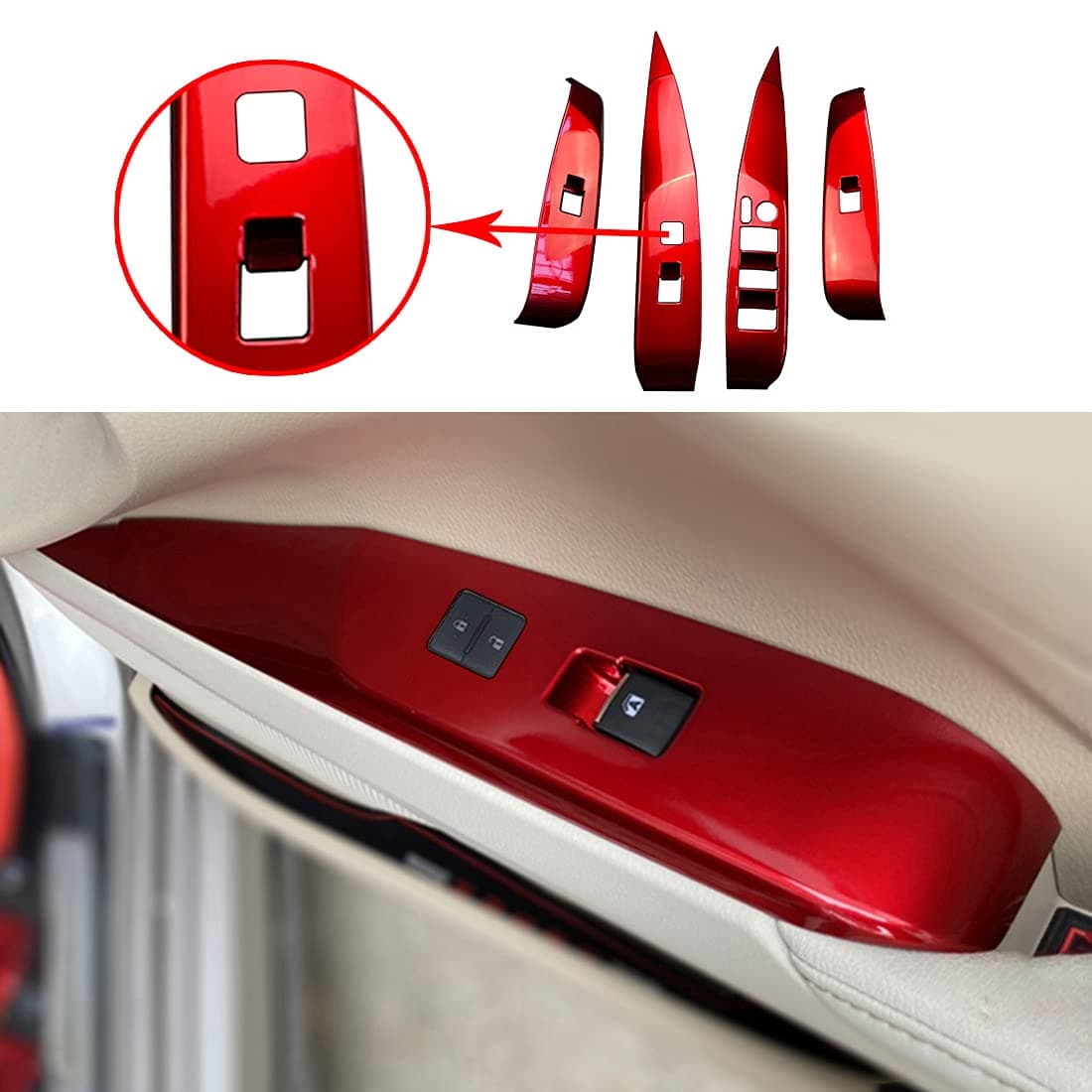 ruihe 4pc RED Car Interior Automobile Door Window Control Panel Cover Switch Trim Fit for Toyota Camry 2018 2019 2020 2021 2022 2023 2024 2025 North American Version