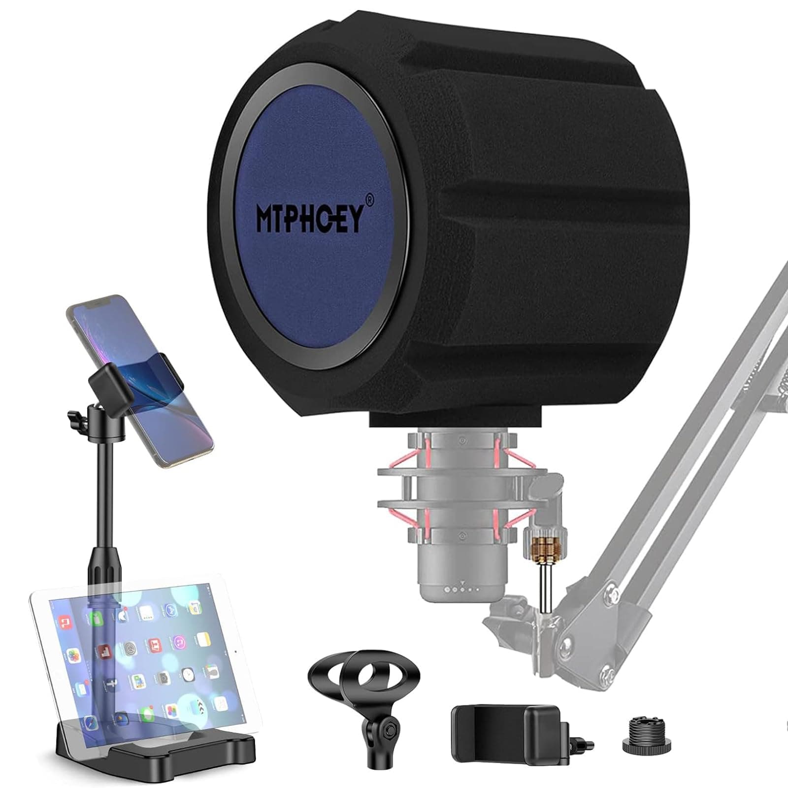 Microphone Windscreen Pop Filter with Gift Mic Stand&Phone Holder,Recording Shield,Mic Isolation Ball Sound-Absorbing Foam Windscreen for Large Mic, Studio Equipment Indoor & Outdoor Recording