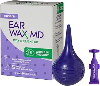 eosera Ear Wax MD Cleaning Kit - Fast-Acting Ear Wax Dissolving Drops & Rinse Bulb Syringe - Doctor Recommended, Clinically Proven Earwax Dissolver for Adults & Kids - Works in 15 Minutes - 5 Vials