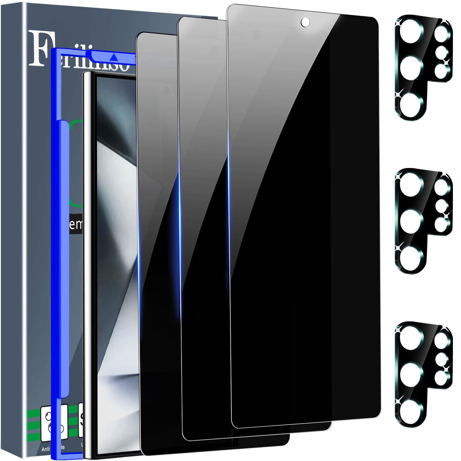 Ferilinso 3 Pack Privacy Screen Protector for Samsung Galaxy S24 Ultra with 3 Pack Tempered Glass Camera Lens Protector Phone Case Friendly Accessories Protector de Pantalla for Samsung S24 Ultra