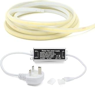 50M Warm White 3000K AC 220V-240V Seamless LED COB Strip Light with Flicker Free Power Supply, IP65 Waterproof, Cuttable Every 50CM [Energy Class F]