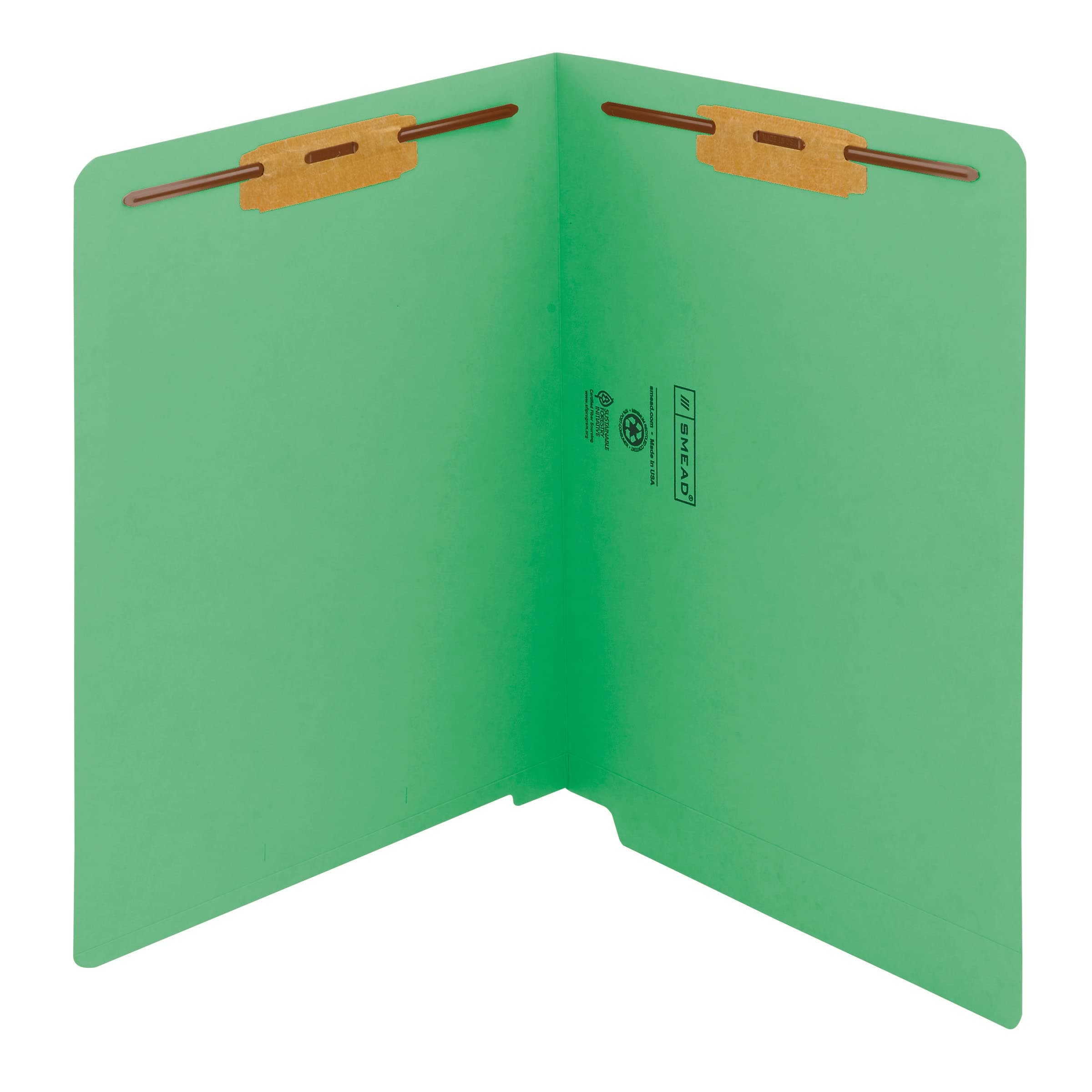 Smead End Tab Fastener File Folder, Shelf-Master® Reinforced Straight-Cut Tab, 2 Fasteners, Letter Size, Green, 50 per Box (25140)
