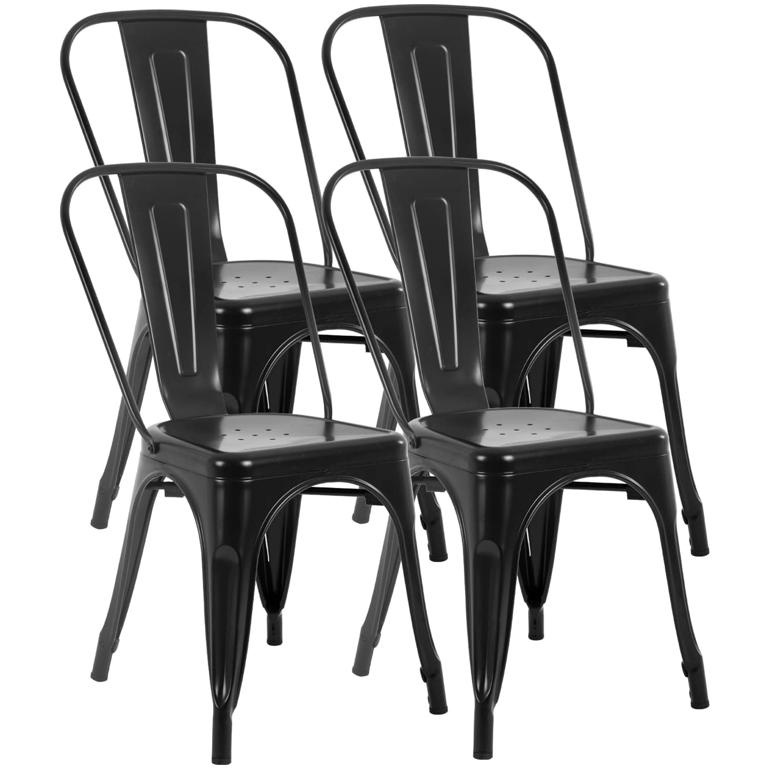 Metal Dining Chairs | Set of 4 | Black | Stackable Tolix Side Chairs with Backrest | Scratch-Resistant | Non-Slip Feet | Indoor/Outdoor Use | 330 lbs Capacity | for Kitchen & Restaurant