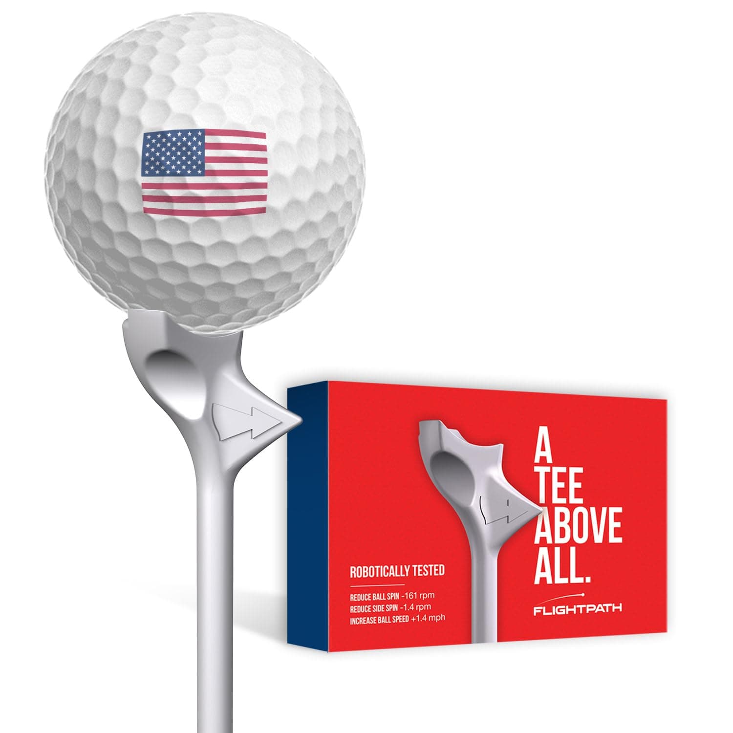 FLIGHTPATH Premium Golf Tees - Durable Plastic Golf Tees Designed to Enhance Golf Shot Distance & Precision - Robotically Tested to Reduce Ball Spin - USGA Approved Golf Equipment - (Pack of 8, 3.25")