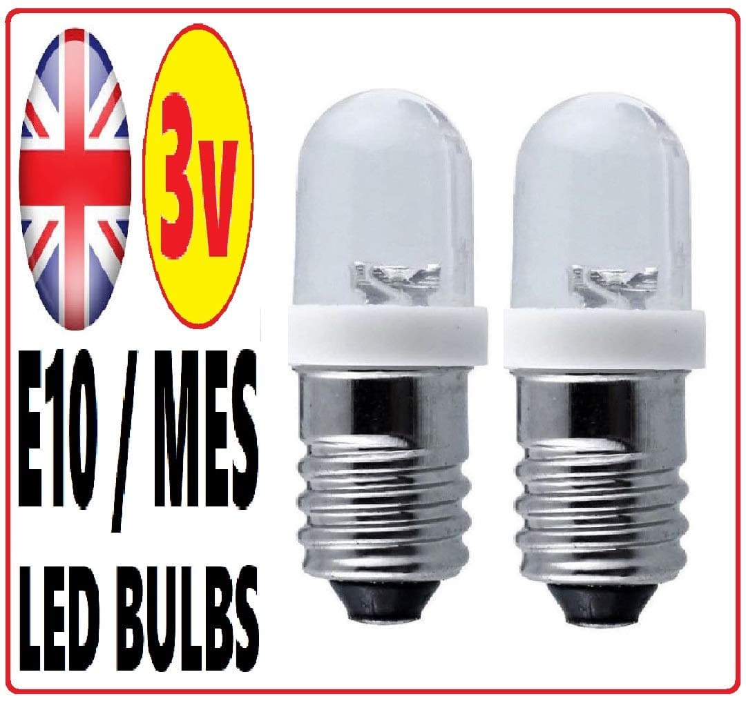 2 x 3v LED Bulbs - E10 MES 1447 Miniature Edison Screw - Light Bulbs - Screw FIT - 3 Volt - Negative Earth/Ground