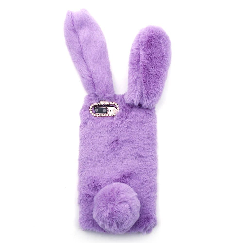 iProtect Plush Cover for Apple iPhone 7 Plus and iPhone 8 Plus - Fluffy Bunny Case - Super Soft Cute Winter Case with Ears in Purple