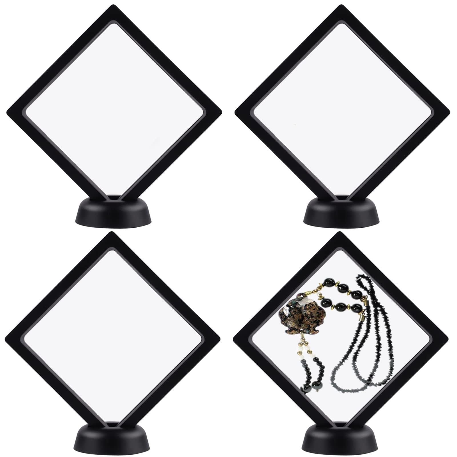 Jutieuo 4Pcs 3D Floating Frame Display Holder Stands, Black for Ring Necklace Bracelet Earring Military Challenge Coin, 4.33x4.33 Inch