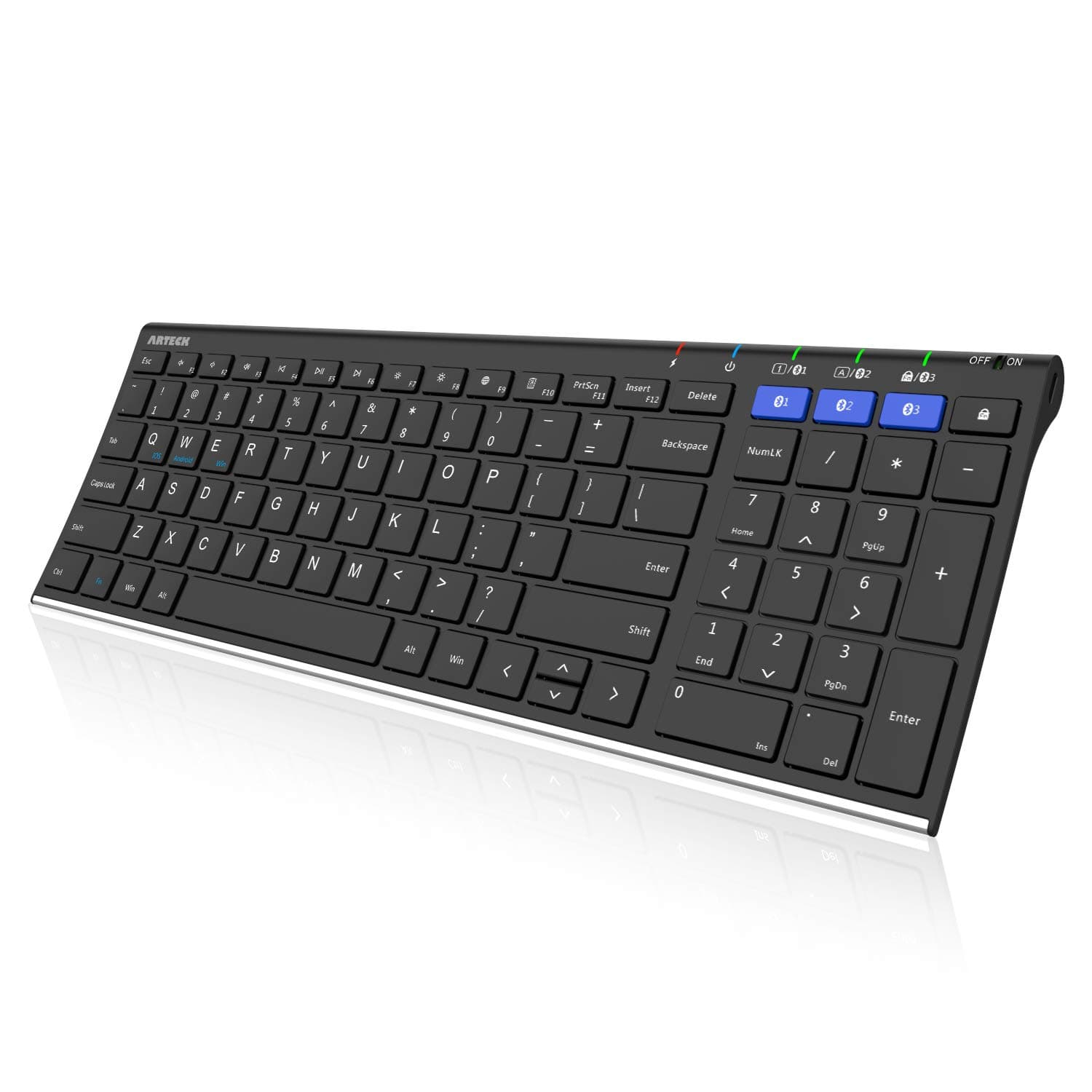 HB193 Universal Bluetooth Keyboard Multi-Device Stainless Steel Full Size Wireless Keyboard for Windows, iOS, Android, Computer Desktop Laptop Surface Tablet Smartphone Rechargeable Battery