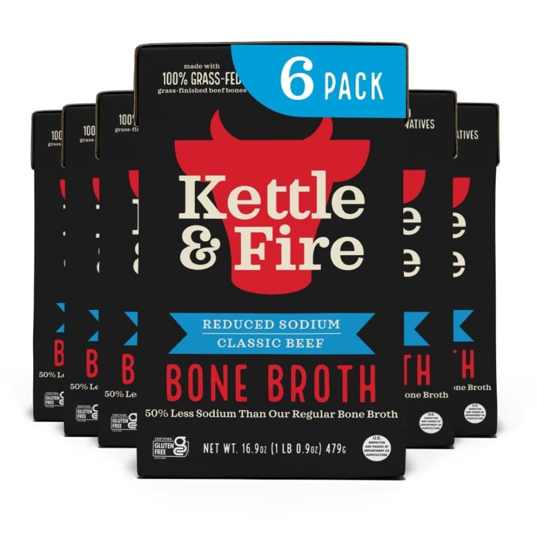 Kettle & Fire and Reduce Sodium Beef Organic Bone Broth, Keto, Paleo, Whole 30 Approved, Gluten Free, 17g of Protein, Natural Source of Collagen, Pack of 6