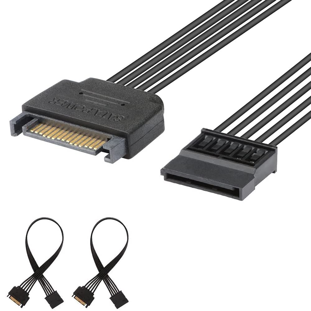 J&D [2-Pack] 15 Pin SATA Power Extension Cable, Male to Female Cable - 10", Black