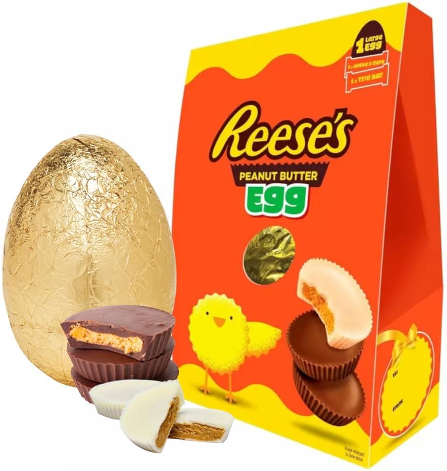 Reese's Milk Chocolate Easter Egg - Delicious Large Peanut Butter Egg with Trio Chocolate Bar & 2 Pack White Peanut Butter Cups Gift Box 252g. Easter Gifts For Kids, Easter Egg Hunt with Topline Card