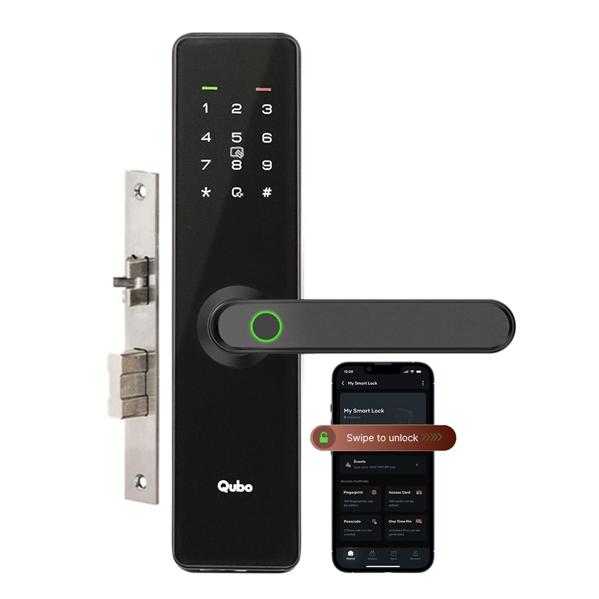 Smart Door Lock Essential from Hero Group | 6-Way Unlocking | Fingerprint | Remote Unlocking via OTP | PIN | RFID Access Card | Mobile App | Mechanical Key | 1 Year On-Site Warranty | (Black)