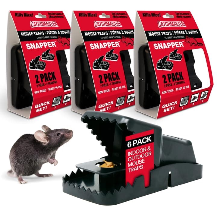 Catchmaster Snapper Mouse Traps 6-Pk, Mouse Traps Indoor for Home, Reusable Rodent Killer for House, Outdoor Critter Catcher, Eco Friendly Pest Control for Garage, Basement, & Kitchen