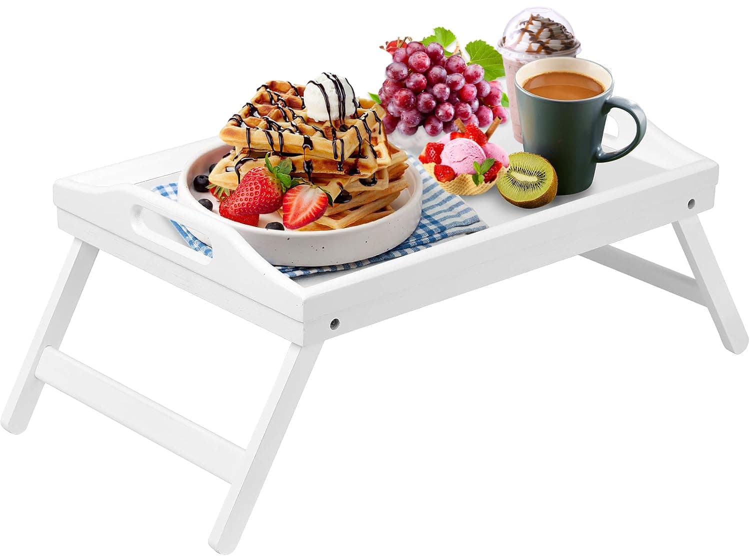 MantraRajBamboo Bed Table with Foldable Legs, Multipurpose Laptray Breakfast in Bed Tray, Snack Tray For Sofa, Laptop Stand - (White,60.5W x 30L x 23Hcm)