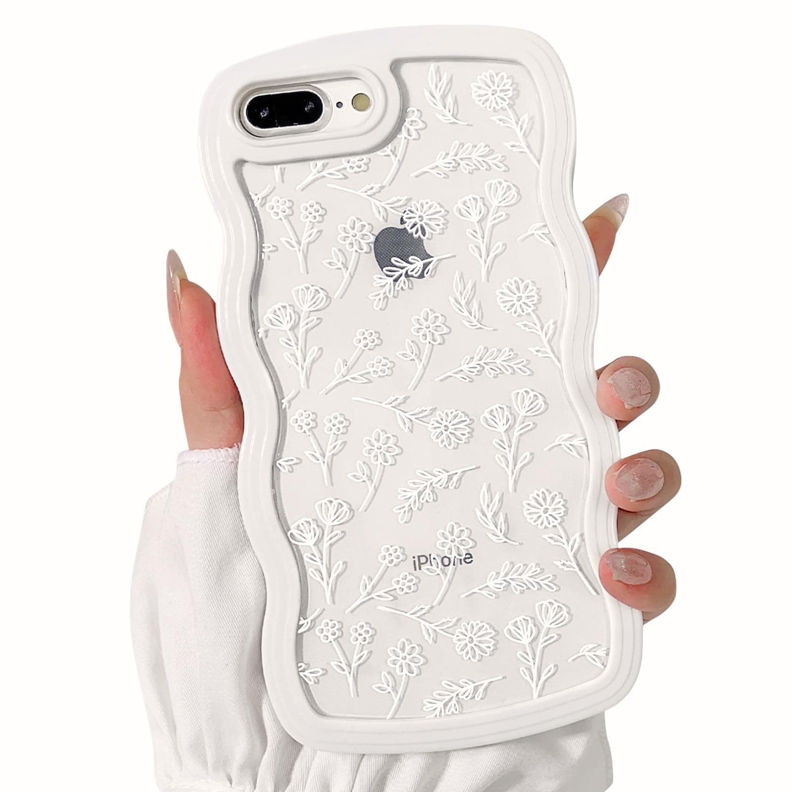 NITITOP Compatible for iPhone 7 Plus / 8 Plus Case Cute Clear Flower Floral Curly Wave Frame Shape Wavy Shockproof Soft TPU 2 in 1 Protective Phone Cover for Women Girl - Flower