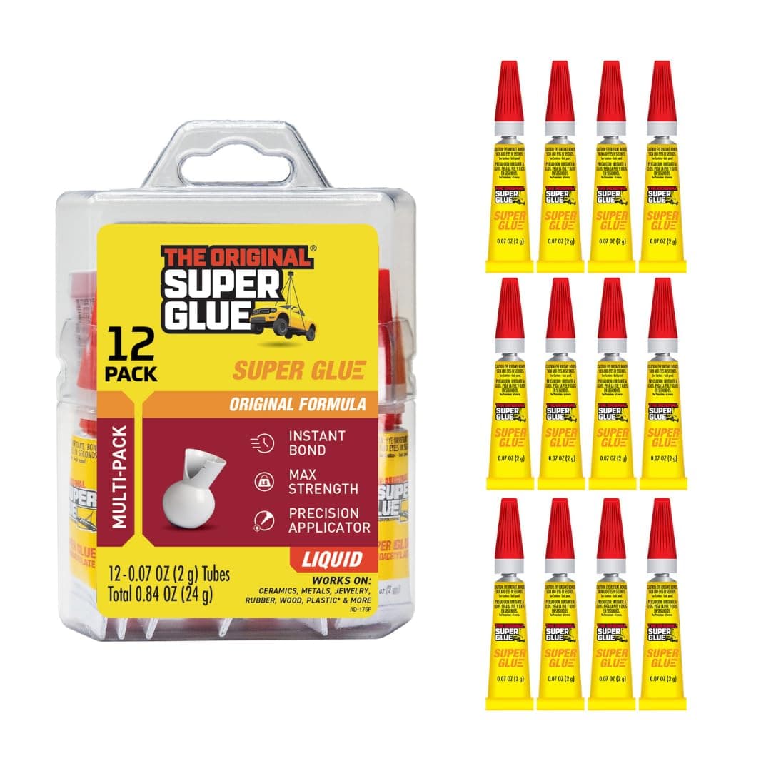Super Glue Liquid, 2 Gram Tubes, 12-Pack, Clear, Instant Bonding, Fast Dry, Cyanoacrylate Adhesive, Precision Tip for Wood, Metal, Plastic, Crafts, Ceramic, and Toy Repairs
