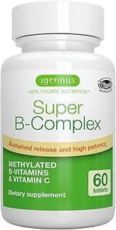 Igennus Super B-Complex Methylated B Vitamins - Sustained Release, Clean Label & High Absorption, with 5-MTHF Folate & Methyl B12, Energy, Mood & Cognitive Performance, Lab Verified, 60 Small Tablets