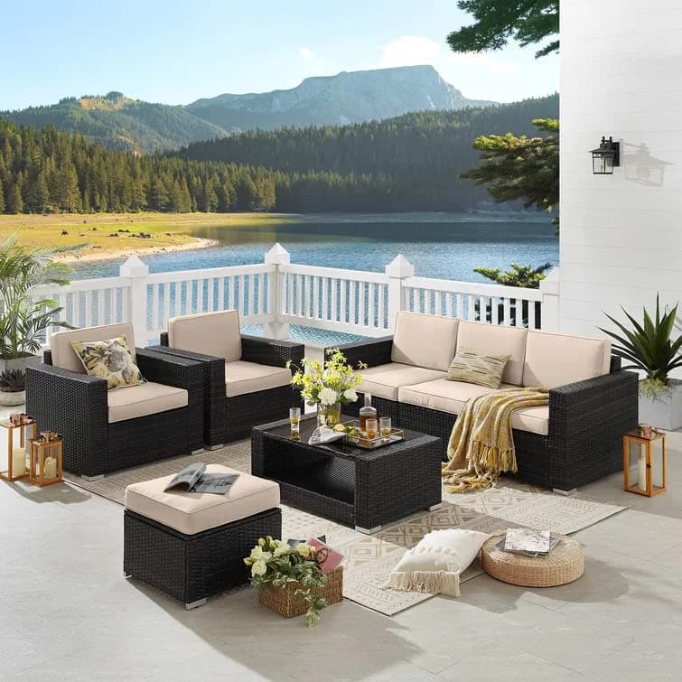 DEVOKO Outdoor 5 Piece HDPE Wicker Conversation Sofa Set with All Weather Water-Resistant Cushions, Glass Top Table & Ottoman for Garden, Poolside, Backyard(Dark Brown & Cream)