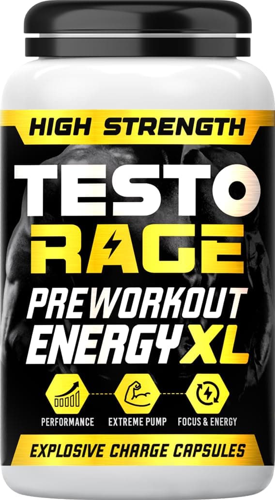 TESTO Rage Pre-Workout Capsules, Boosts Energy, Focus, Endurance, 60 Capsules