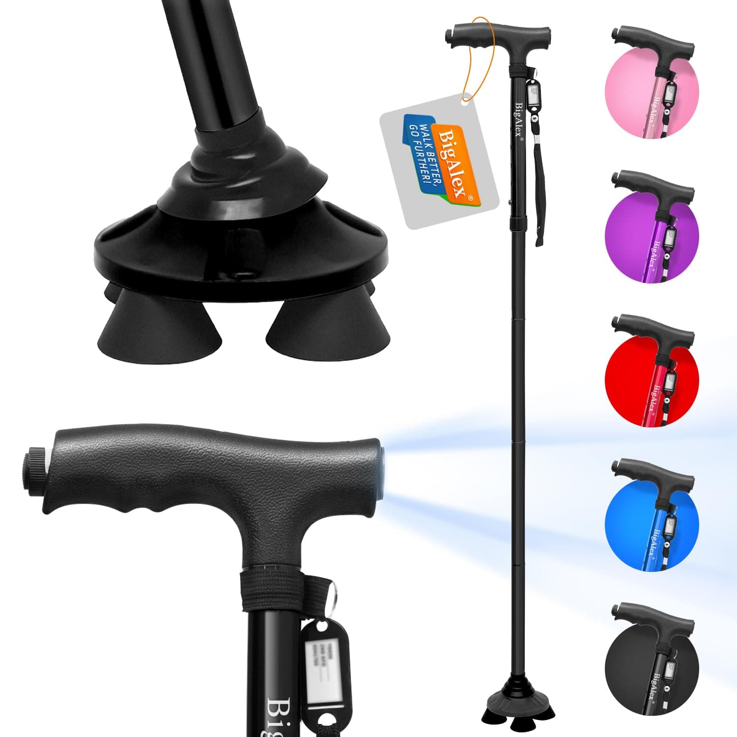 BigAlex Folding Walking Cane with LED Light,Adjustable & Portable Walking Stick, Lightweight,Collapsible with Carrying Bag for Men/Woman